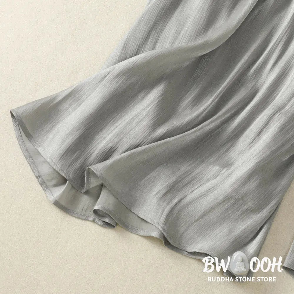 Buddha Stones Light Gray Pleated Design Elastic Waist Women’s Wide Leg Pants With Pockets - Women’s Wide Leg Pants