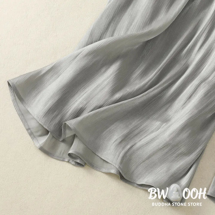 Buddha Stones Light Gray Pleated Design Elastic Waist Women’s Wide Leg Pants With Pockets - Women’s Wide Leg Pants