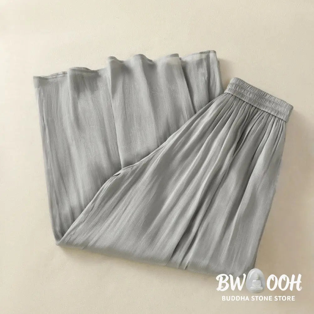 Buddha Stones Light Gray Pleated Design Elastic Waist Women’s Wide Leg Pants With Pockets - Women’s Wide Leg Pants