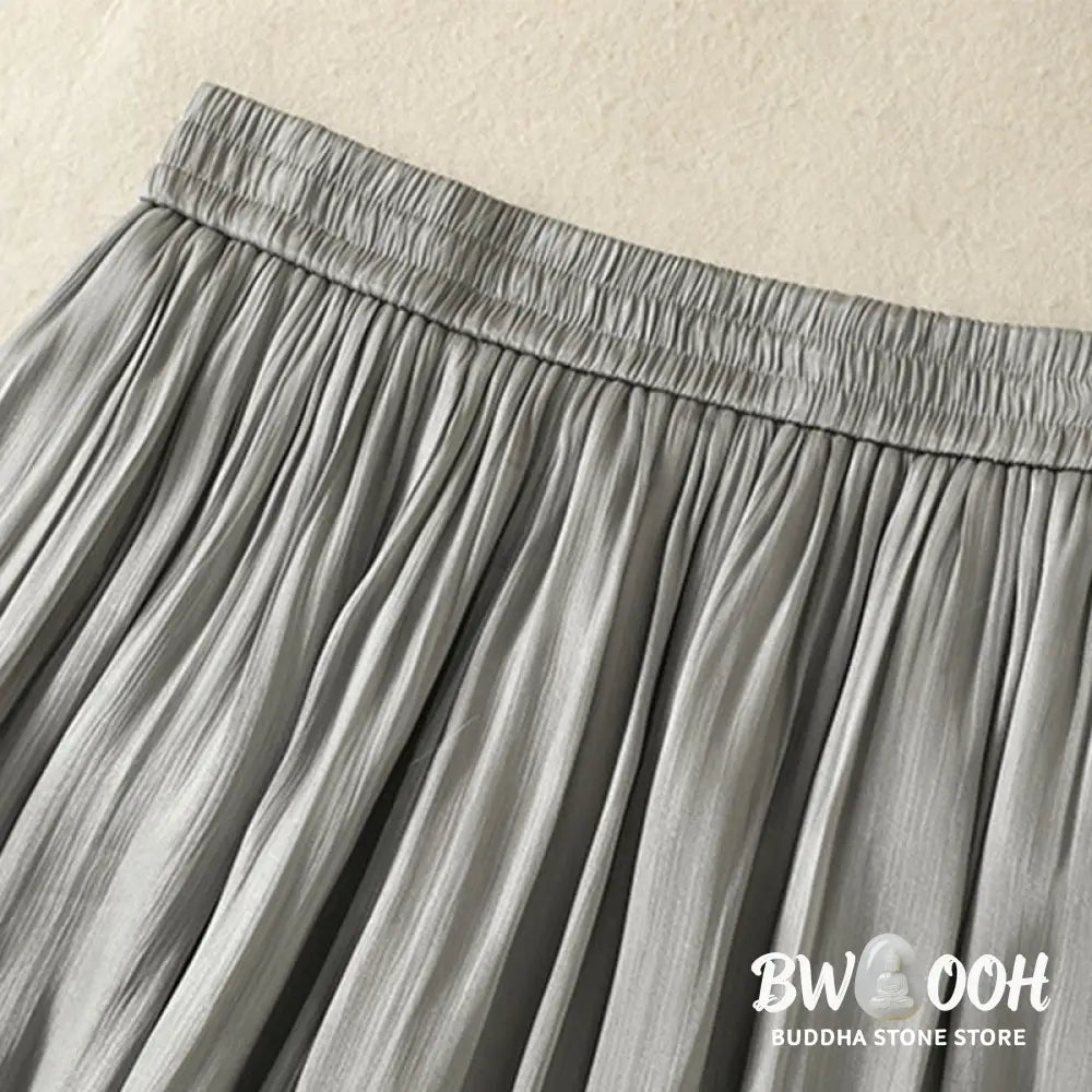 Buddha Stones Light Gray Pleated Design Elastic Waist Women’s Wide Leg Pants With Pockets - Women’s Wide Leg Pants