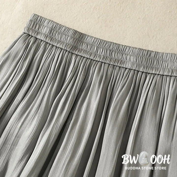 Buddha Stones Light Gray Pleated Design Elastic Waist Women’s Wide Leg Pants With Pockets - Women’s Wide Leg Pants