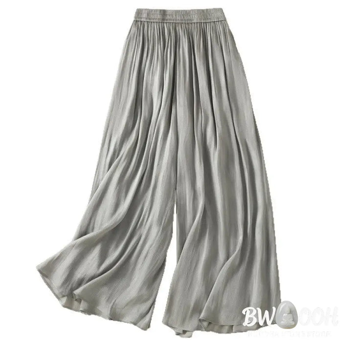 Buddha Stones Light Gray Pleated Design Elastic Waist Women’s Wide Leg Pants With Pockets - Women’s Wide Leg Pants