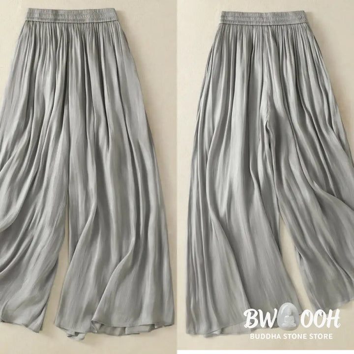 Buddha Stones Light Gray Pleated Design Elastic Waist Women’s Wide Leg Pants With Pockets - Women’s Wide Leg Pants