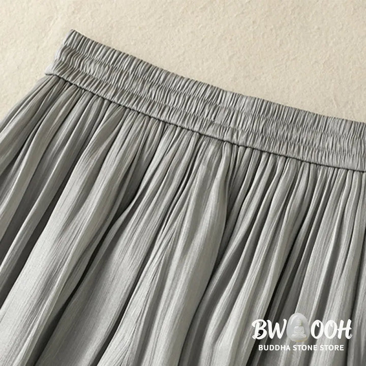 Buddha Stones Light Gray Pleated Design Elastic Waist Women’s Wide Leg Pants With Pockets - Women’s Wide Leg Pants