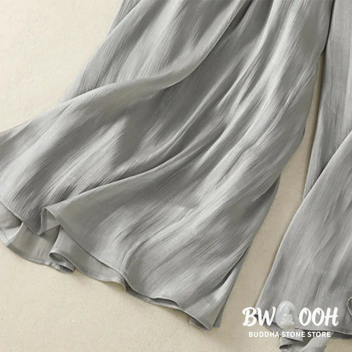 Buddha Stones Light Gray Pleated Design Elastic Waist Women’s Wide Leg Pants With Pockets - Women’s Wide Leg Pants