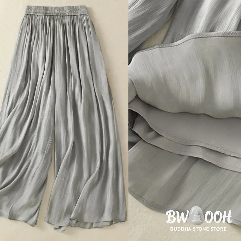 Buddha Stones Light Gray Pleated Design Elastic Waist Women’s Wide Leg Pants With Pockets - Women’s Wide Leg Pants
