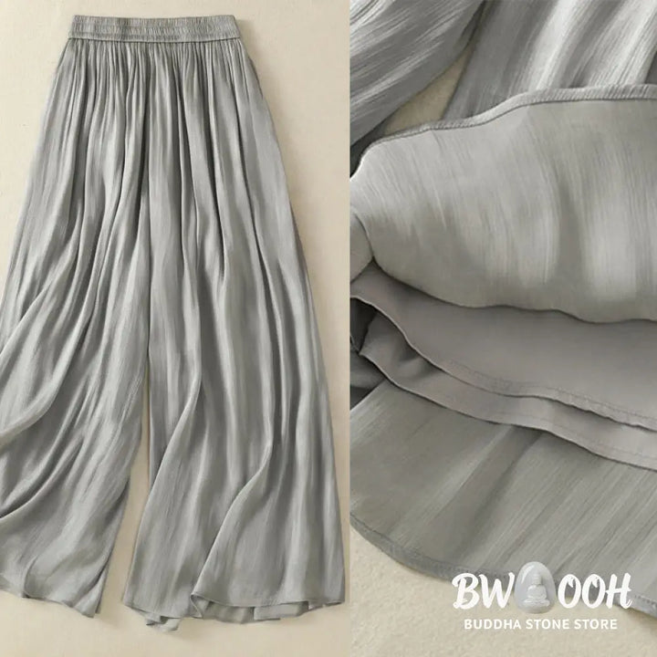 Buddha Stones Light Gray Pleated Design Elastic Waist Women’s Wide Leg Pants With Pockets - Women’s Wide Leg Pants