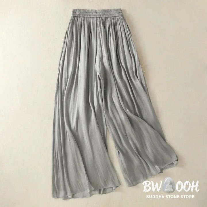 Buddha Stones Light Gray Pleated Design Elastic Waist Women’s Wide Leg Pants With Pockets - Women’s Wide Leg Pants