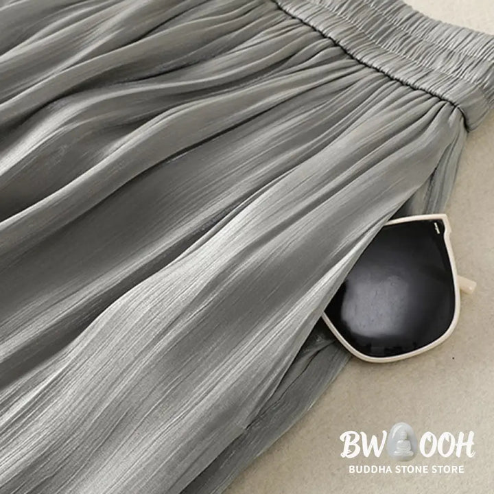Buddha Stones Light Gray Pleated Design Elastic Waist Women’s Wide Leg Pants With Pockets - Women’s Wide Leg Pants