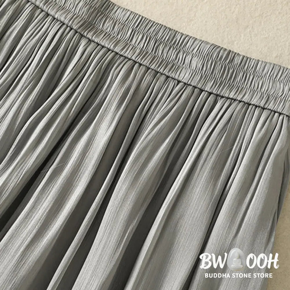 Buddha Stones Light Gray Pleated Design Elastic Waist Women’s Wide Leg Pants With Pockets - Women’s Wide Leg Pants
