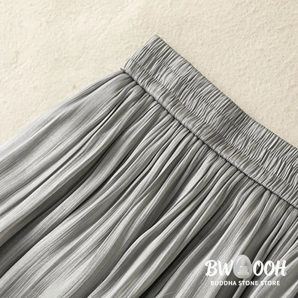 Buddha Stones Light Gray Pleated Design Elastic Waist Women’s Wide Leg Pants With Pockets - Women’s Wide Leg Pants