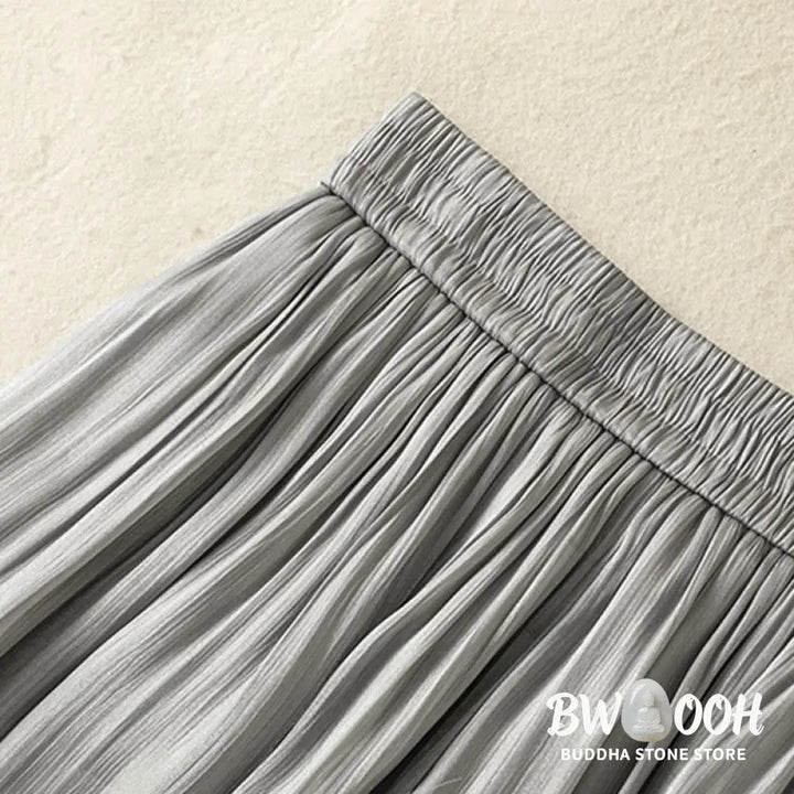 Buddha Stones Light Gray Pleated Design Elastic Waist Women’s Wide Leg Pants With Pockets - Women’s Wide Leg Pants