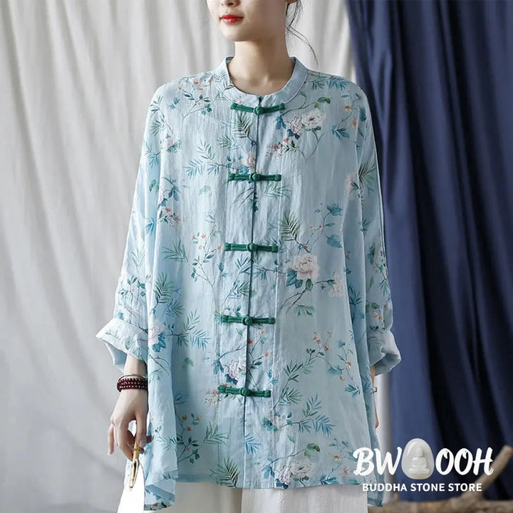 Buddha Stones Light Green Pink Flowers Green Leaves Frog-Button Long Sleeve Ramie Linen Jacket Shirt - F(Bust