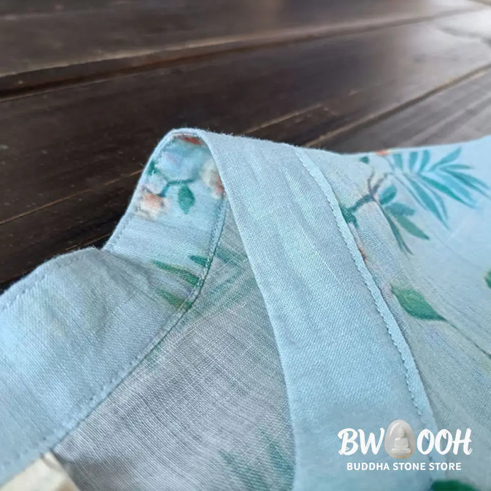 Buddha Stones Light Green Pink Flowers Green Leaves Frog-Button Long Sleeve Ramie Linen Jacket Shirt - F(Bust