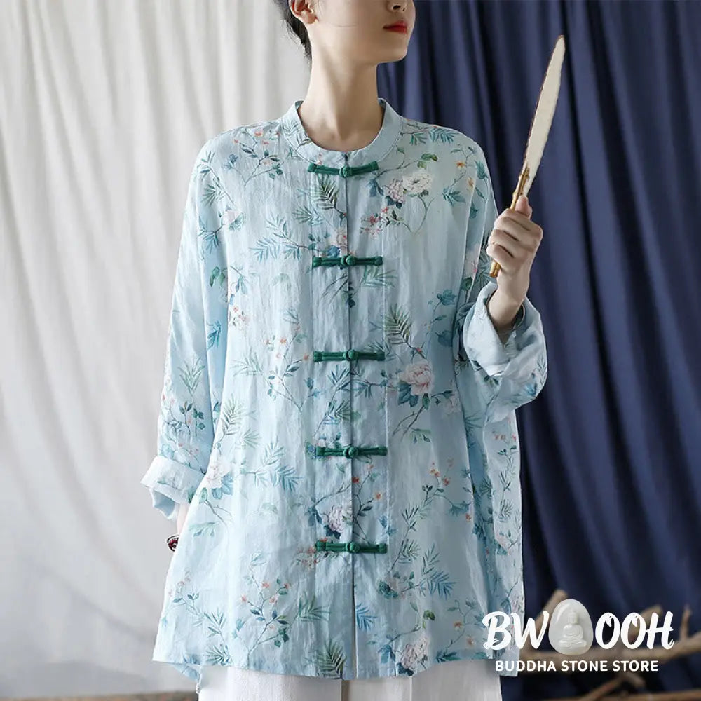 Buddha Stones Light Green Pink Flowers Green Leaves Frog-Button Long Sleeve Ramie Linen Jacket Shirt - F(Bust