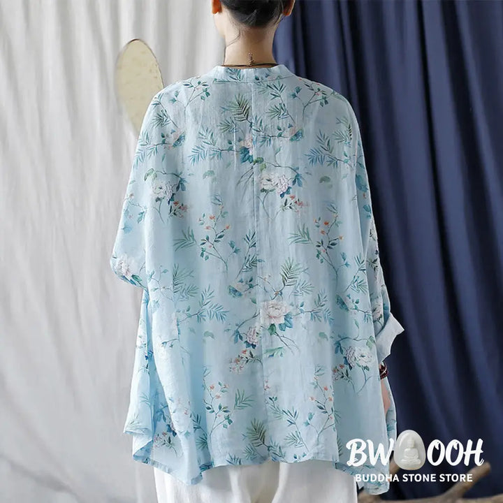 Buddha Stones Light Green Pink Flowers Green Leaves Frog-Button Long Sleeve Ramie Linen Jacket Shirt - F(Bust