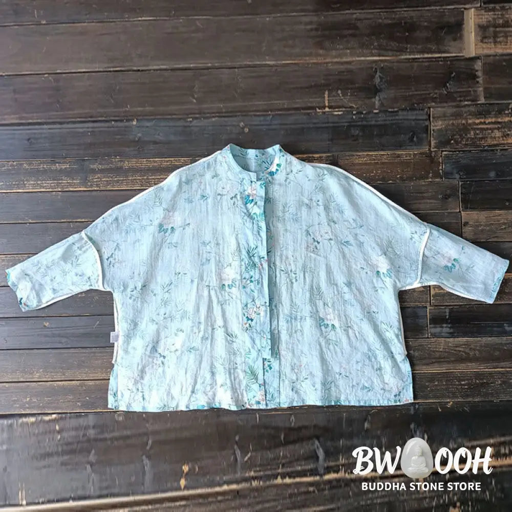 Buddha Stones Light Green Pink Flowers Green Leaves Frog-Button Long Sleeve Ramie Linen Jacket Shirt - F(Bust