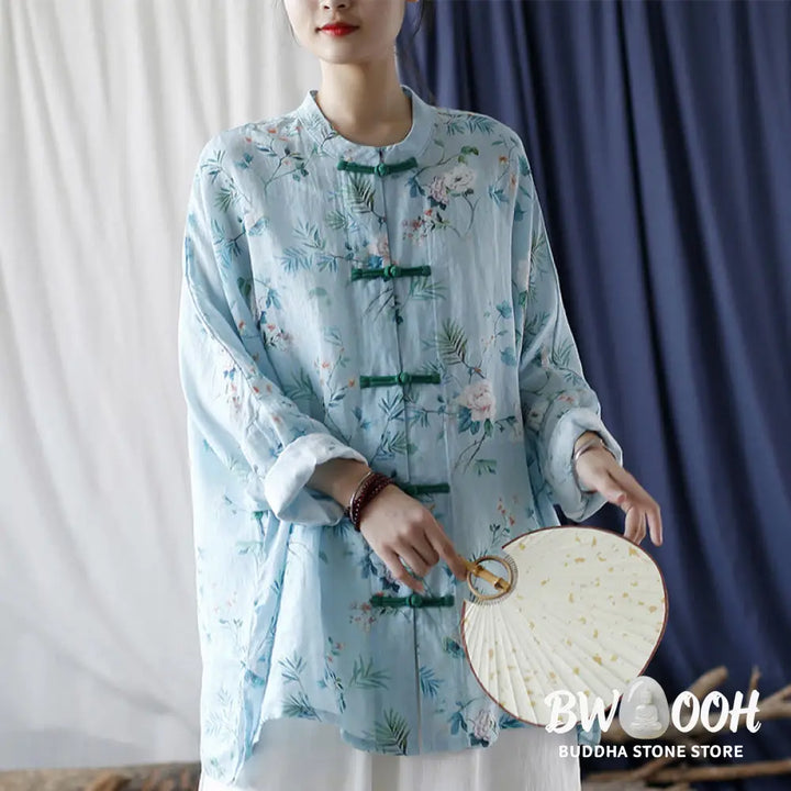 Buddha Stones Light Green Pink Flowers Green Leaves Frog-Button Long Sleeve Ramie Linen Jacket Shirt - F(Bust