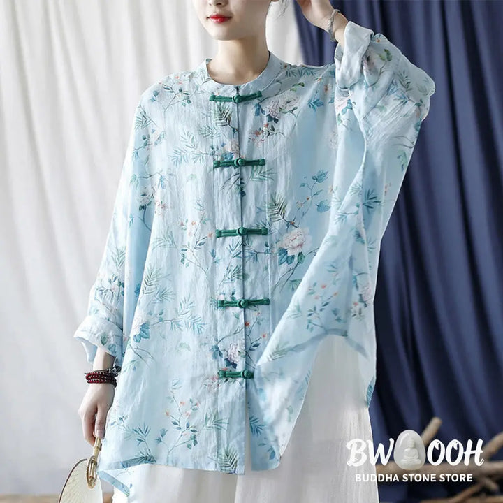 Buddha Stones Light Green Pink Flowers Green Leaves Frog-Button Long Sleeve Ramie Linen Jacket Shirt - F(Bust