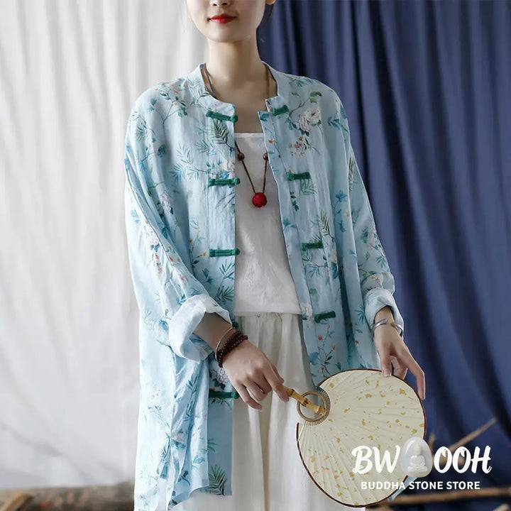 Buddha Stones Light Green Pink Flowers Green Leaves Frog-Button Long Sleeve Ramie Linen Jacket Shirt - F(Bust