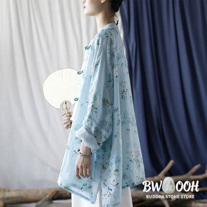 Buddha Stones Light Green Pink Flowers Green Leaves Frog-Button Long Sleeve Ramie Linen Jacket Shirt - F(Bust