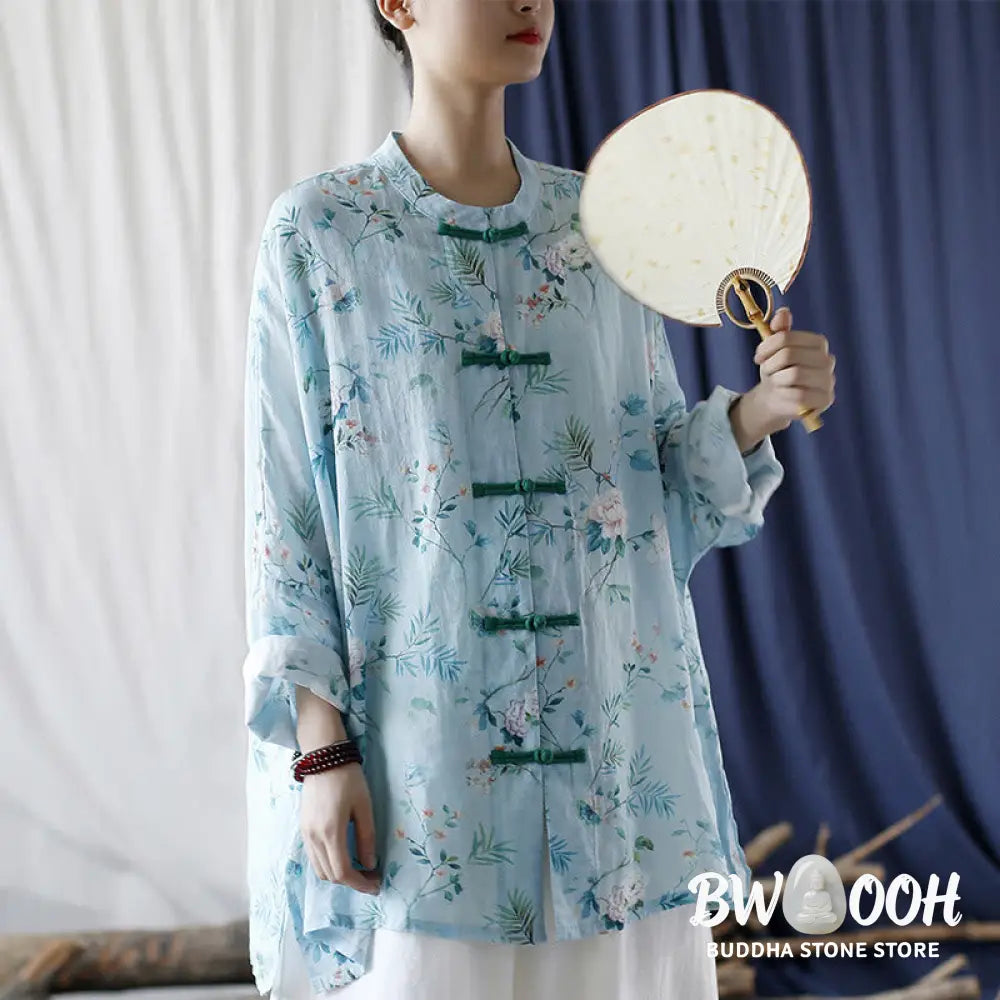 Buddha Stones Light Green Pink Flowers Green Leaves Frog-Button Long Sleeve Ramie Linen Jacket Shirt - F(Bust