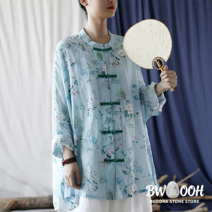 Buddha Stones Light Green Pink Flowers Green Leaves Frog-Button Long Sleeve Ramie Linen Jacket Shirt - F(Bust