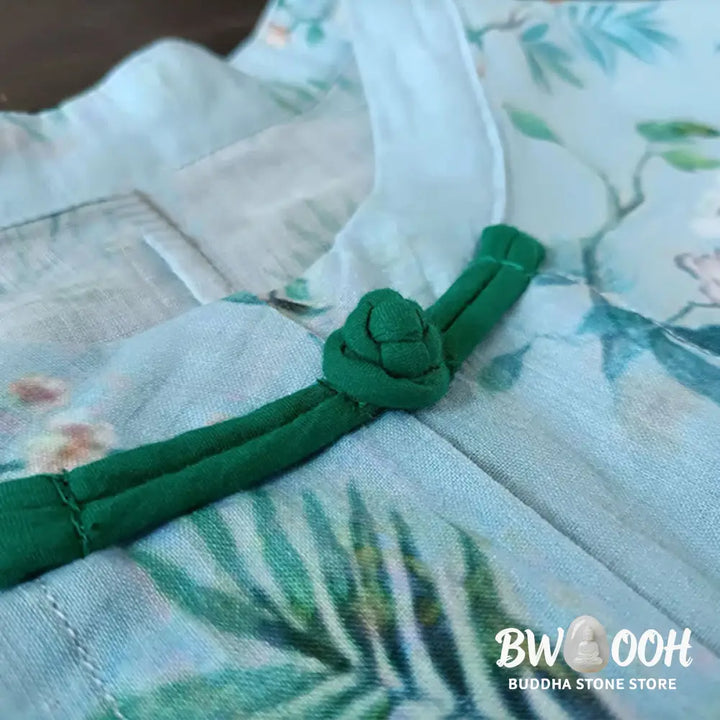 Buddha Stones Light Green Pink Flowers Green Leaves Frog-Button Long Sleeve Ramie Linen Jacket Shirt - F(Bust
