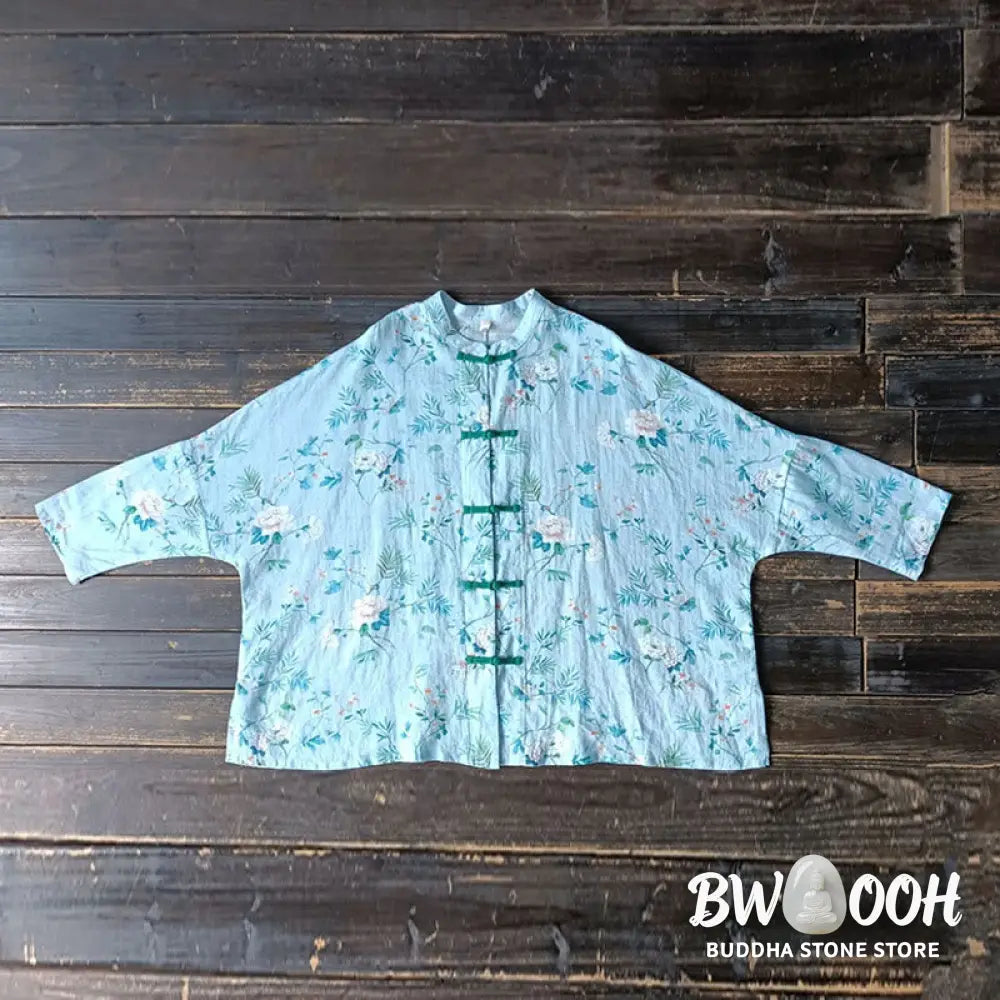 Buddha Stones Light Green Pink Flowers Green Leaves Frog-Button Long Sleeve Ramie Linen Jacket Shirt - F(Bust