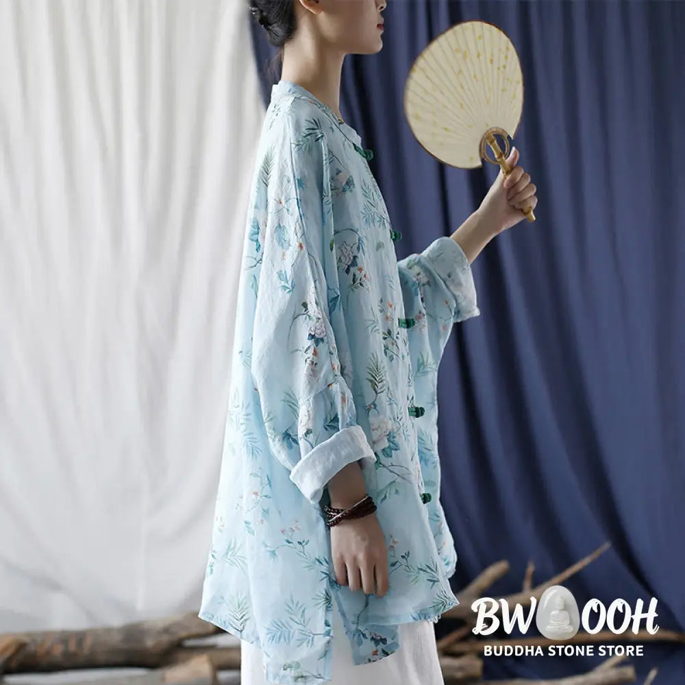 Buddha Stones Light Green Pink Flowers Green Leaves Frog-Button Long Sleeve Ramie Linen Jacket Shirt - F(Bust