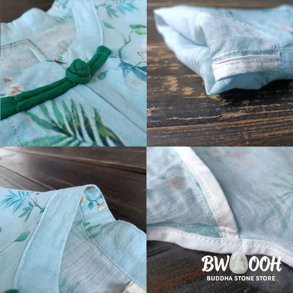 Buddha Stones Light Green Pink Flowers Green Leaves Frog-Button Long Sleeve Ramie Linen Jacket Shirt - F(Bust