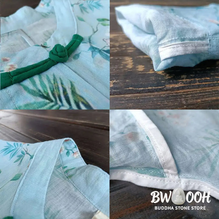 Buddha Stones Light Green Pink Flowers Green Leaves Frog-Button Long Sleeve Ramie Linen Jacket Shirt - F(Bust