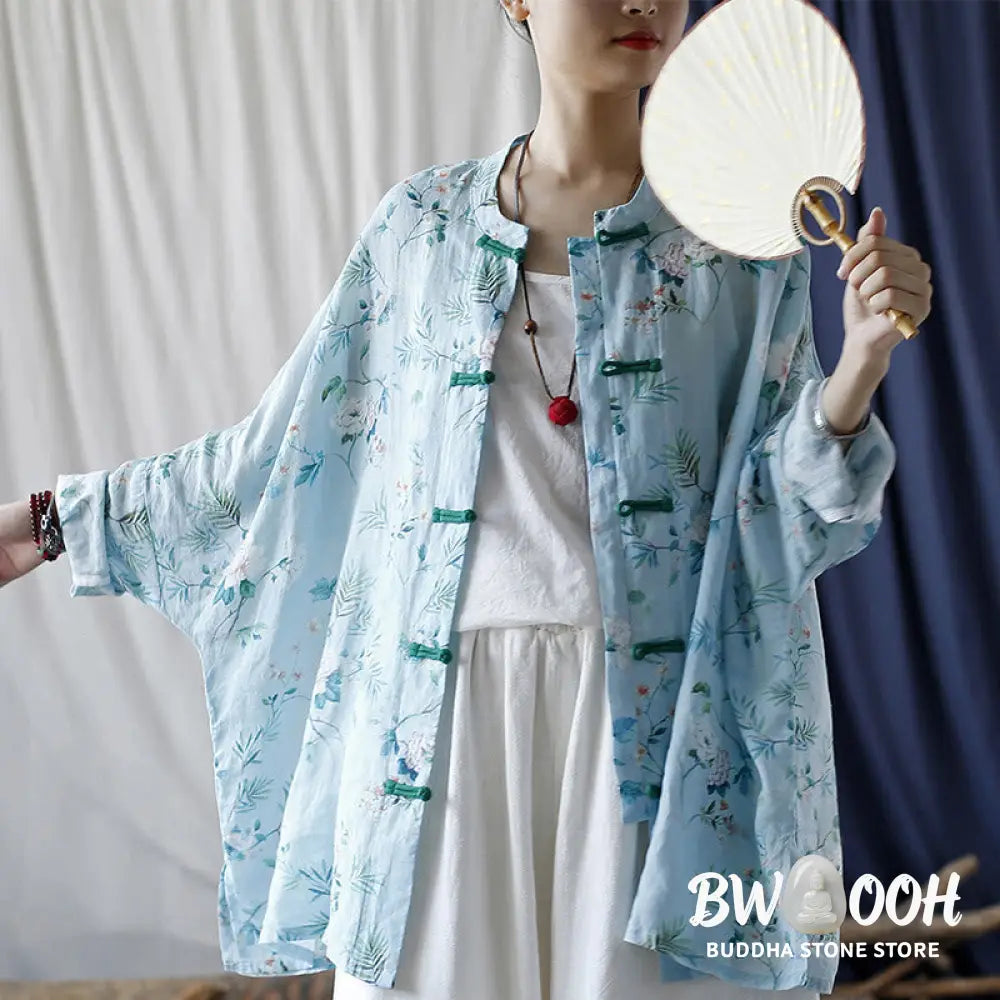 Buddha Stones Light Green Pink Flowers Green Leaves Frog-Button Long Sleeve Ramie Linen Jacket Shirt - F(Bust
