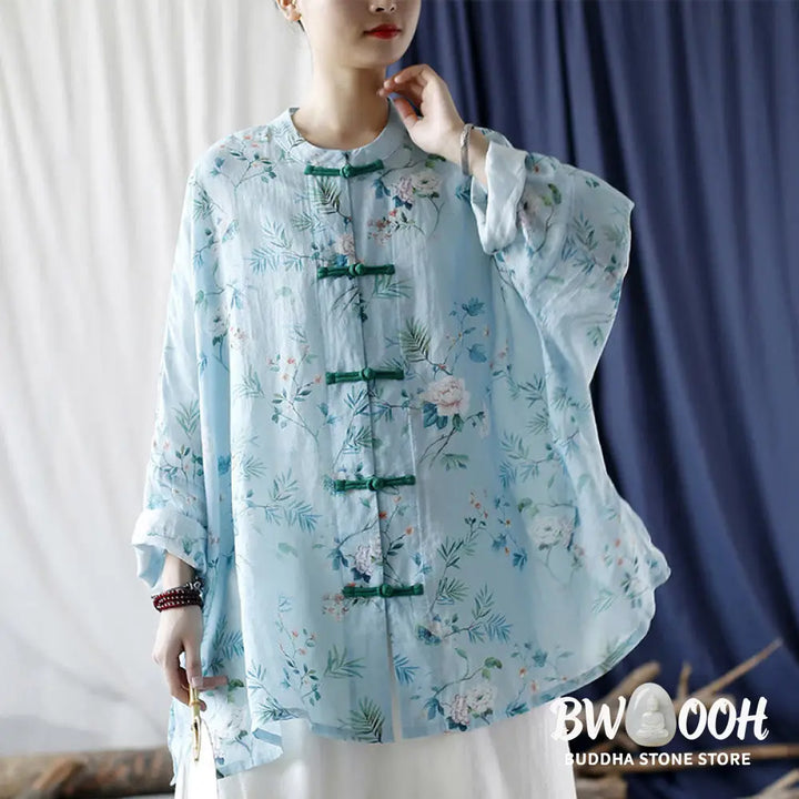 Buddha Stones Light Green Pink Flowers Green Leaves Frog-Button Long Sleeve Ramie Linen Jacket Shirt - F(Bust