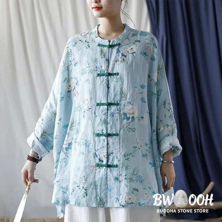 Buddha Stones Light Green Pink Flowers Green Leaves Frog-Button Long Sleeve Ramie Linen Jacket Shirt - F(Bust