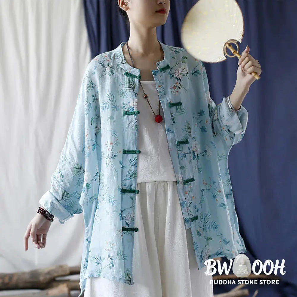 Buddha Stones Light Green Pink Flowers Green Leaves Frog-Button Long Sleeve Ramie Linen Jacket Shirt - F(Bust