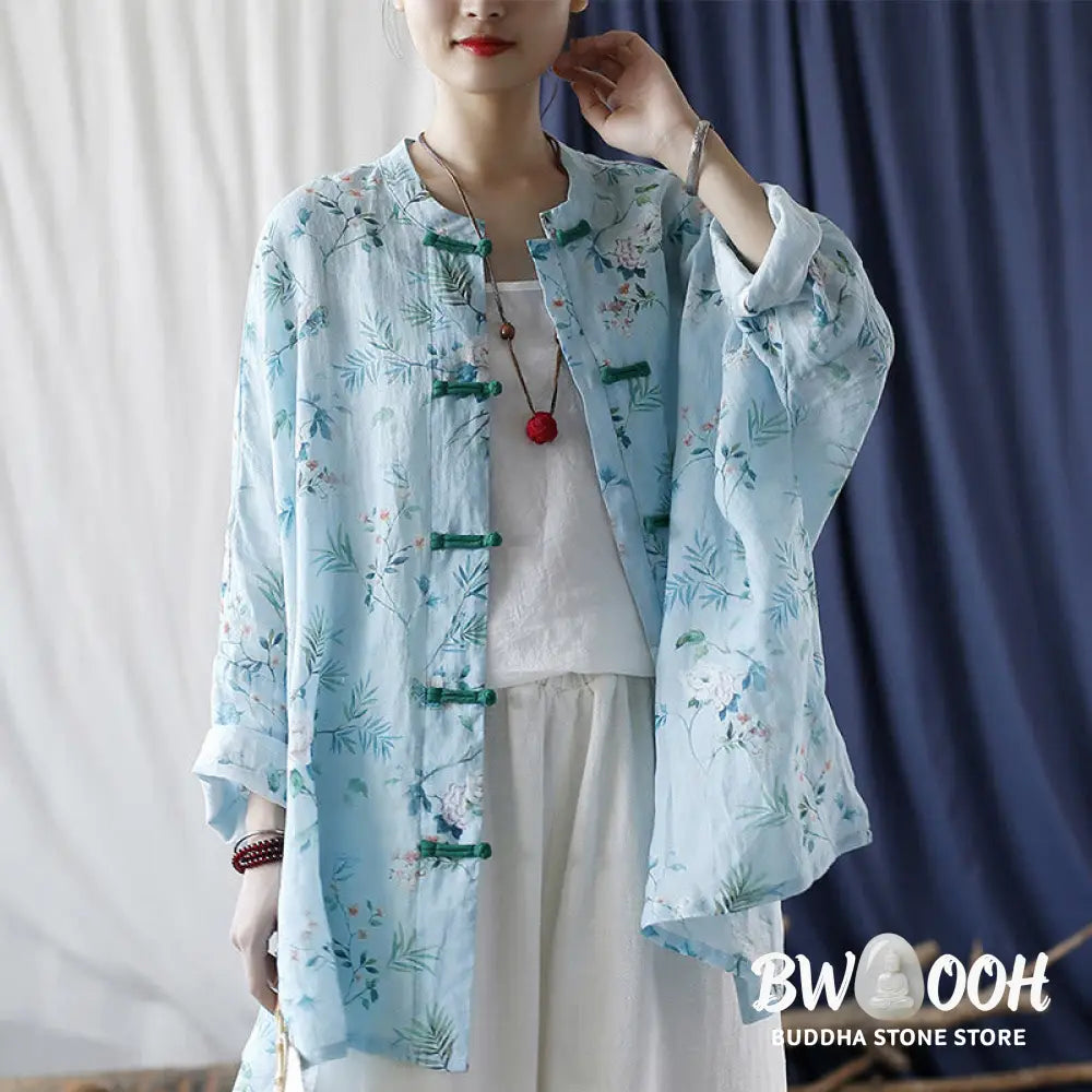 Buddha Stones Light Green Pink Flowers Green Leaves Frog-Button Long Sleeve Ramie Linen Jacket Shirt - F(Bust