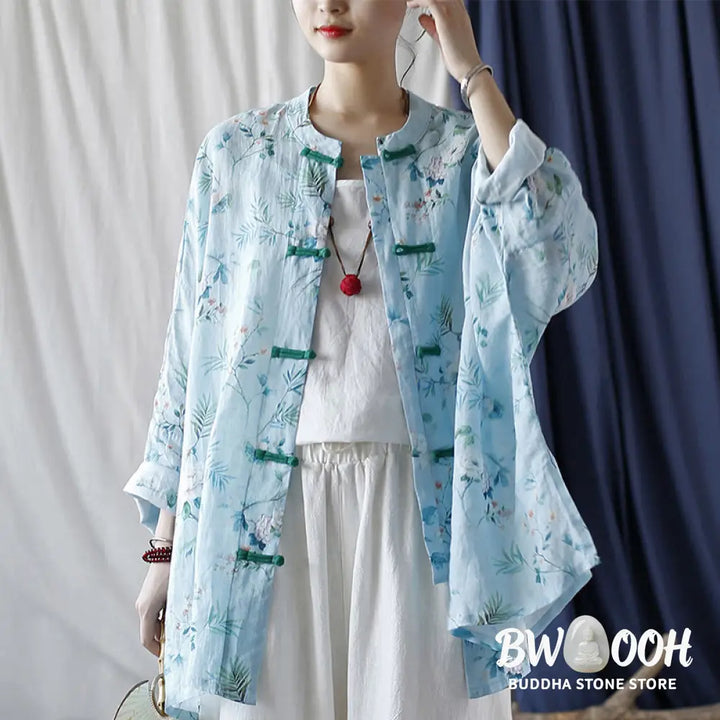 Buddha Stones Light Green Pink Flowers Green Leaves Frog-Button Long Sleeve Ramie Linen Jacket Shirt - F(Bust