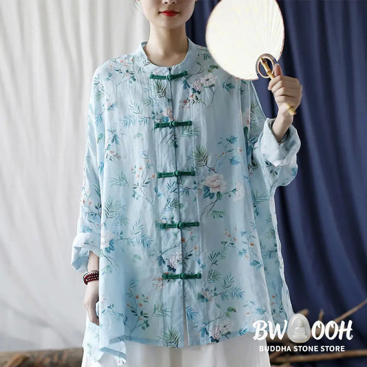 Buddha Stones Light Green Pink Flowers Green Leaves Frog-Button Long Sleeve Ramie Linen Jacket Shirt - F(Bust