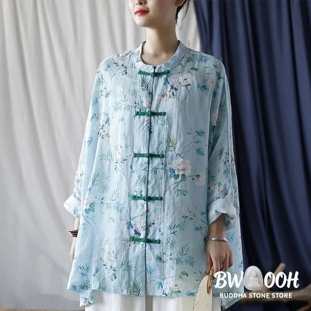 Buddha Stones Light Green Pink Flowers Green Leaves Frog-Button Long Sleeve Ramie Linen Jacket Shirt - F(Bust