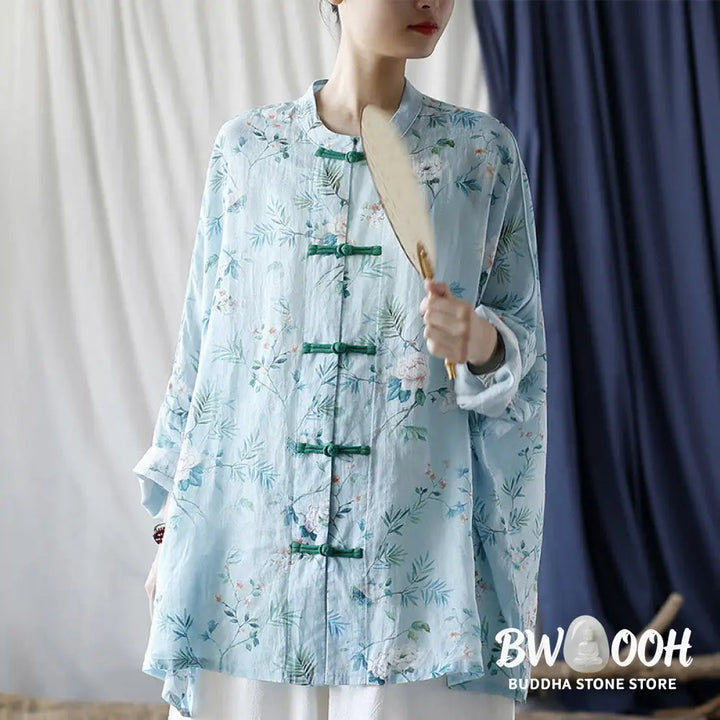 Buddha Stones Light Green Pink Flowers Green Leaves Frog-Button Long Sleeve Ramie Linen Jacket Shirt - F(Bust