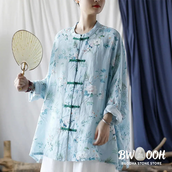 Buddha Stones Light Green Pink Flowers Green Leaves Frog-Button Long Sleeve Ramie Linen Jacket Shirt - F(Bust