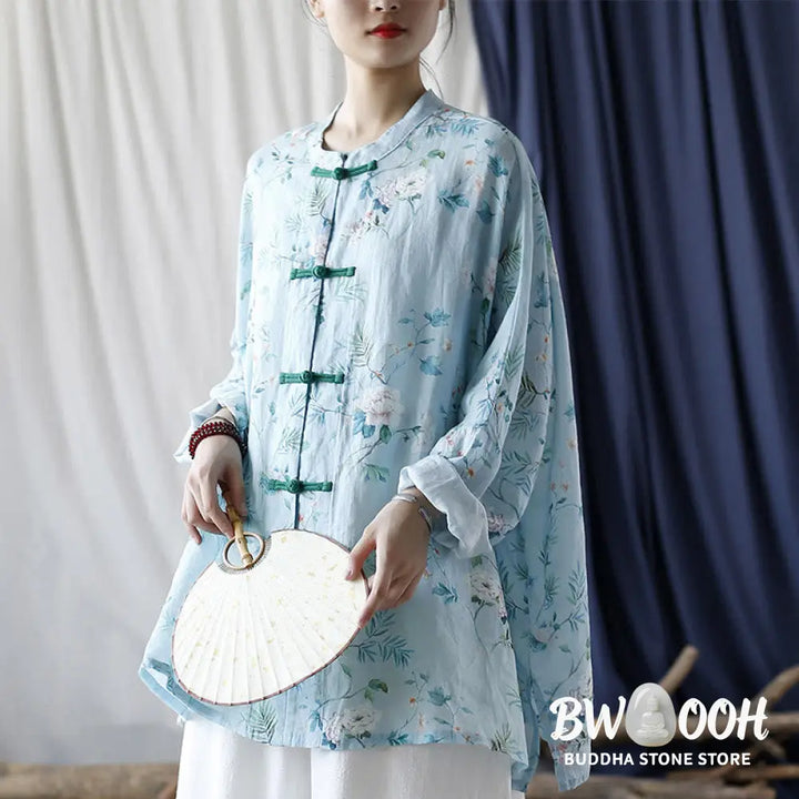Buddha Stones Light Green Pink Flowers Green Leaves Frog-Button Long Sleeve Ramie Linen Jacket Shirt - F(Bust