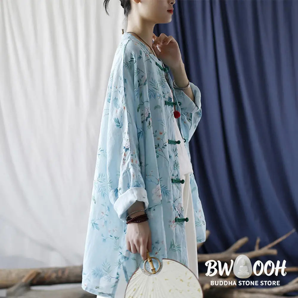 Buddha Stones Light Green Pink Flowers Green Leaves Frog-Button Long Sleeve Ramie Linen Jacket Shirt - F(Bust