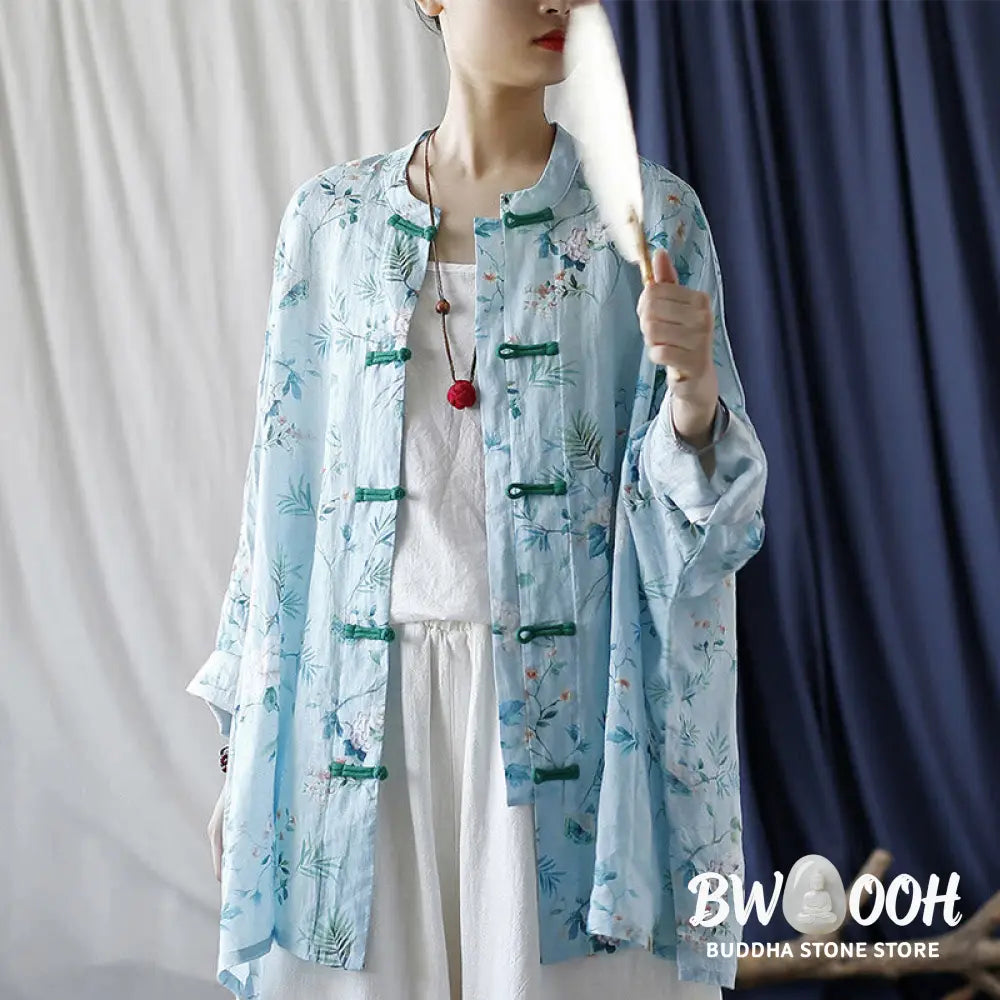 Buddha Stones Light Green Pink Flowers Green Leaves Frog-Button Long Sleeve Ramie Linen Jacket Shirt - F(Bust