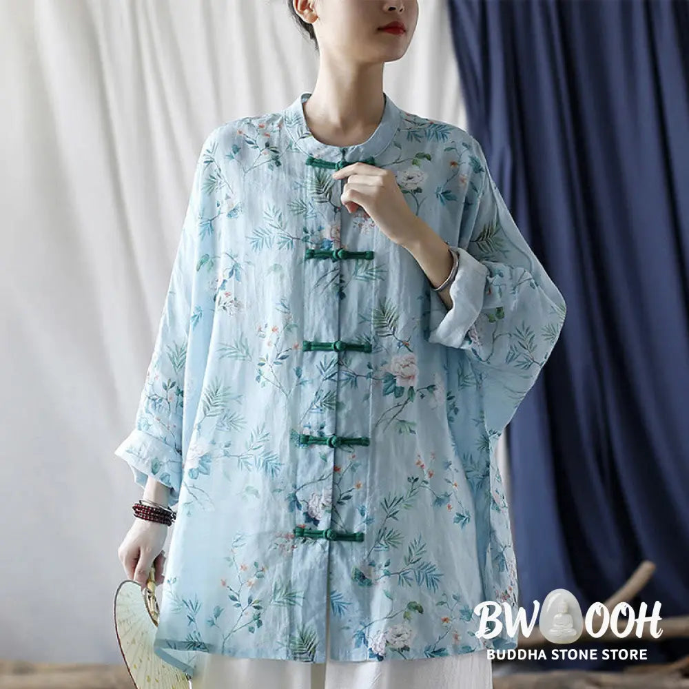 Buddha Stones Light Green Pink Flowers Green Leaves Frog-Button Long Sleeve Ramie Linen Jacket Shirt - F(Bust