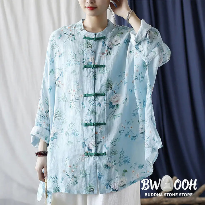 Buddha Stones Light Green Pink Flowers Green Leaves Frog-Button Long Sleeve Ramie Linen Jacket Shirt - F(Bust