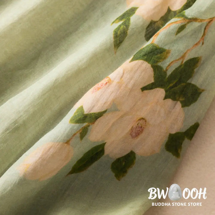 Buddha Stones Lightgreen Casual Artistic Printing Flower Pattern Chinese Frog-Button Design Women’s Cotton Linen Long