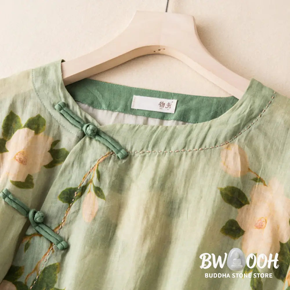 Buddha Stones Lightgreen Casual Artistic Printing Flower Pattern Chinese Frog-Button Design Women’s Cotton Linen Long