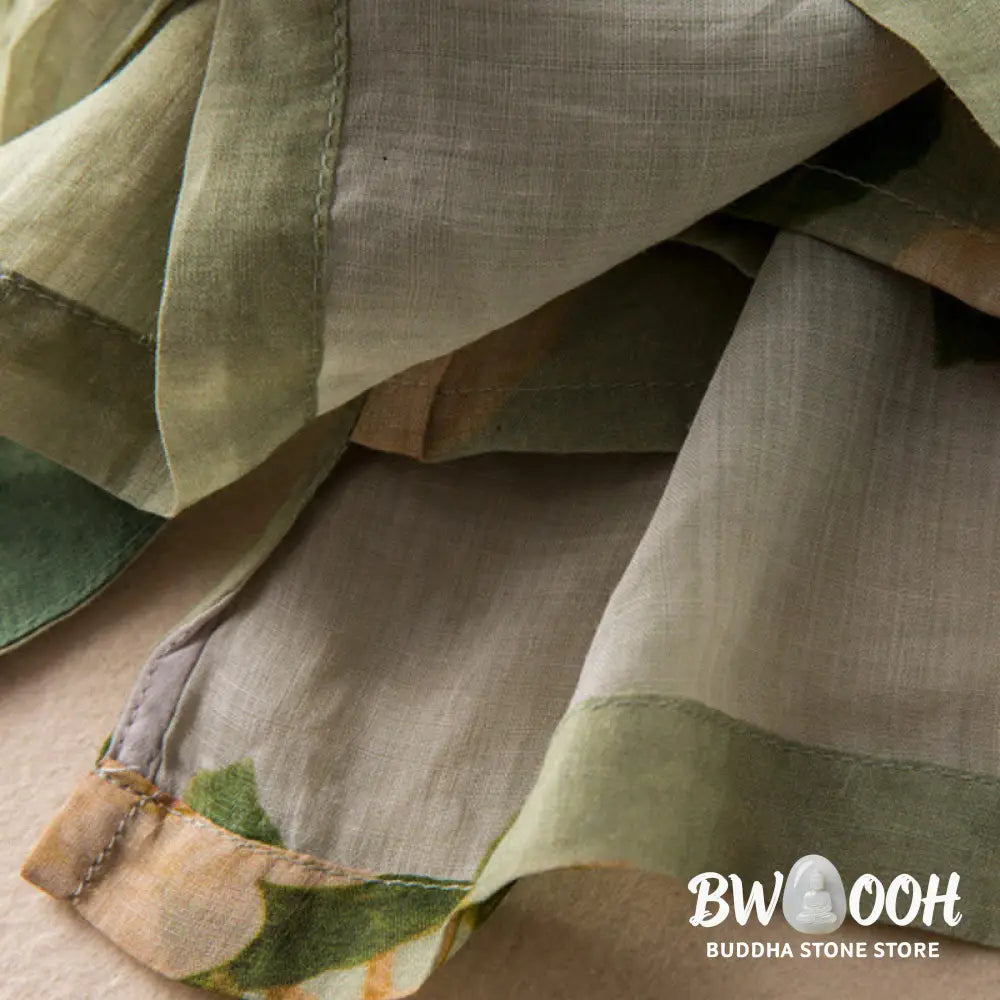 Buddha Stones Lightgreen Casual Artistic Printing Flower Pattern Chinese Frog-Button Design Women’s Cotton Linen Long